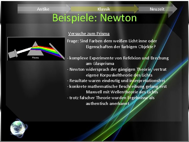 Antike Klassik Beispiele: Newton Neuzeit Versuche zum Prisma Frage: Sind Farben dem weißen Licht