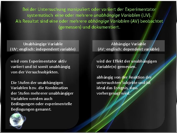 Bei der Untersuchung manipuliert oder variiert der Experimentator systematisch eine oder mehrere unabhängige Variablen