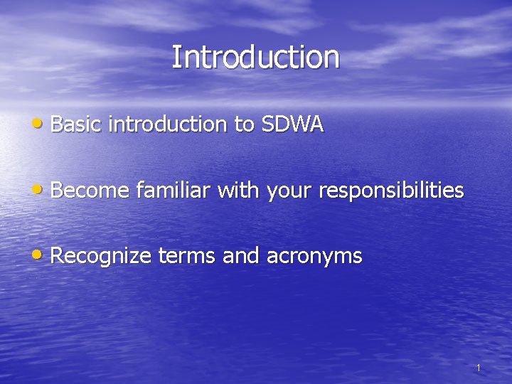 Introduction • Basic introduction to SDWA • Become familiar with your responsibilities • Recognize