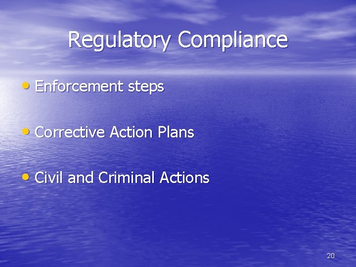 Regulatory Compliance • Enforcement steps • Corrective Action Plans • Civil and Criminal Actions