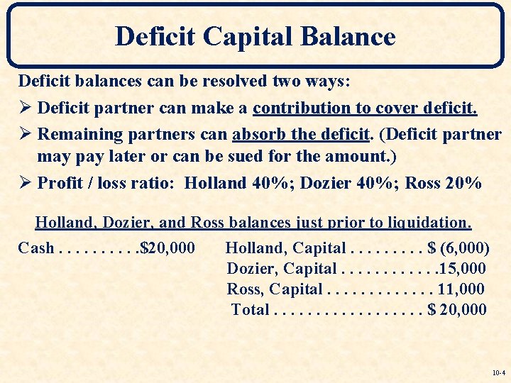 Deficit Capital Balance Deficit balances can be resolved two ways: Ø Deficit partner can