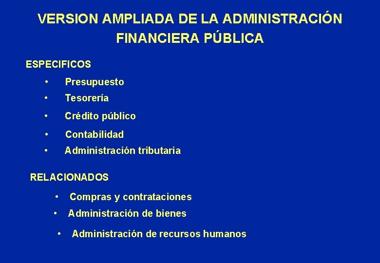 VERSION AMPLIADA DE LA ADMINISTRACIÓN FINANCIERA PÚBLICA ESPECIFICOS • • Tesorería • Crédito público