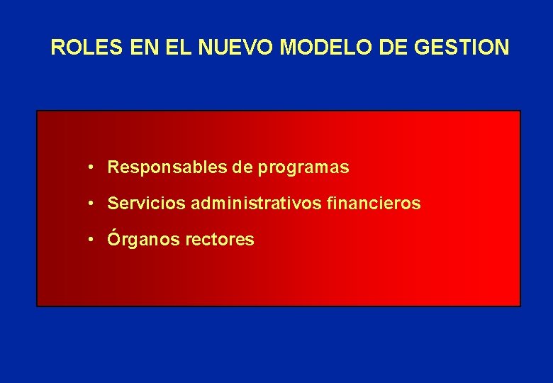 ROLES EN EL NUEVO MODELO DE GESTION • Responsables de programas • Servicios administrativos