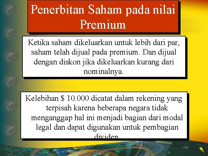 Penerbitan Saham pada nilai Premium Ketika saham dikeluarkan untuk lebih dari par, saham telah