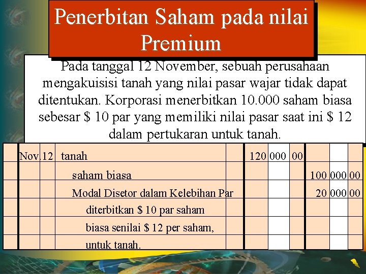 Penerbitan Saham pada nilai Premium Pada tanggal 12 November, sebuah perusahaan mengakuisisi tanah yang