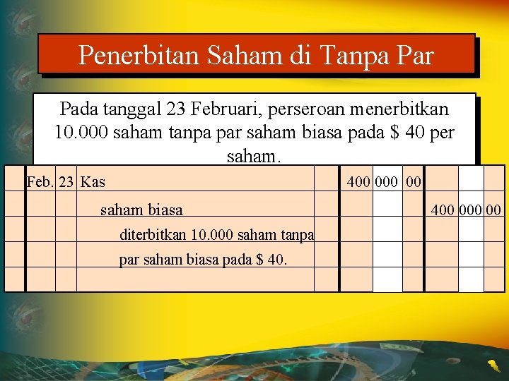 Penerbitan Saham di Tanpa Par Pada tanggal 23 Februari, perseroan menerbitkan 10. 000 saham