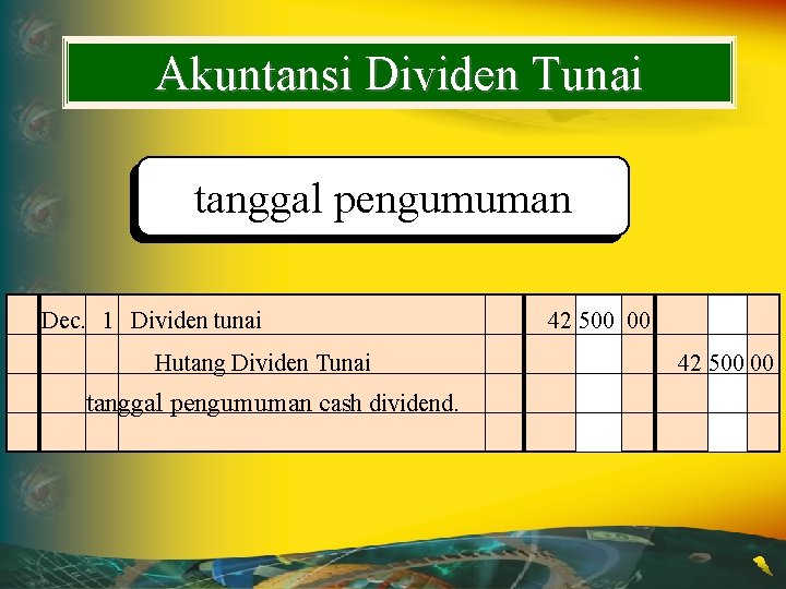 Akuntansi Dividen Tunai tanggal pengumuman Dec. 1 Dividen tunai Hutang Dividen Tunai tanggal pengumuman