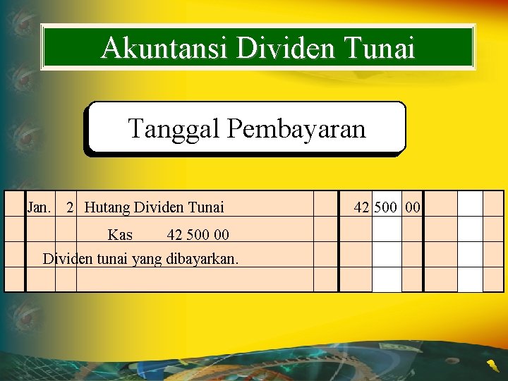 Akuntansi Dividen Tunai Tanggal Pembayaran Jan. 2 Hutang Dividen Tunai Kas 42 500 00