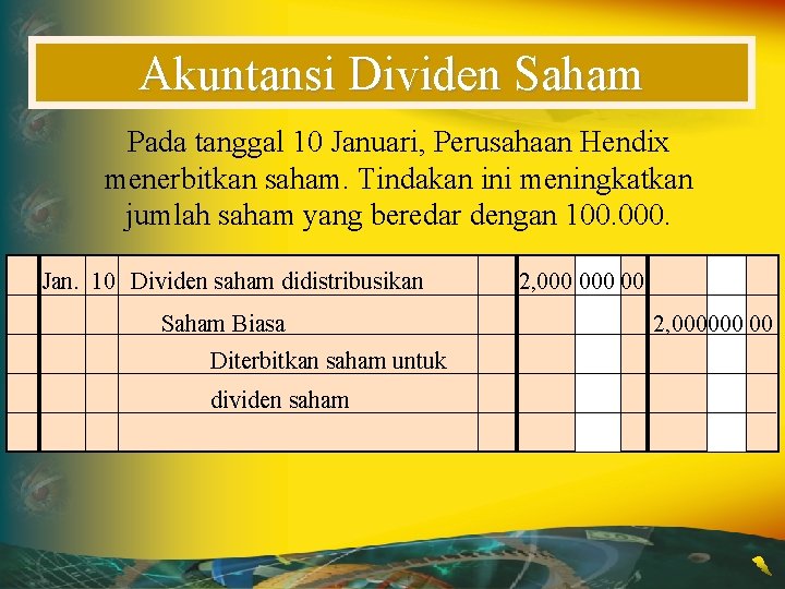 Akuntansi Dividen Saham Pada tanggal 10 Januari, Perusahaan Hendix menerbitkan saham. Tindakan ini meningkatkan