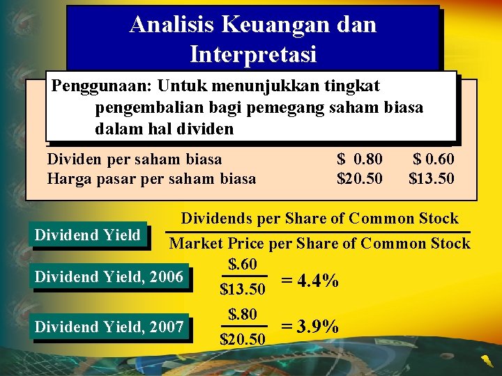 Analisis Keuangan dan Interpretasi Penggunaan: Untuk menunjukkan tingkat Dividend Yield pengembalian bagi pemegang saham