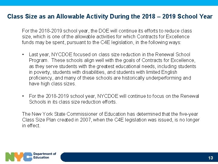 Class Size as an Allowable Activity During the 2018 – 2019 School Year For