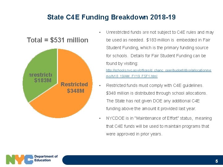 State C 4 E Funding Breakdown 2018 -19 • Total = $531 million Unrestricted