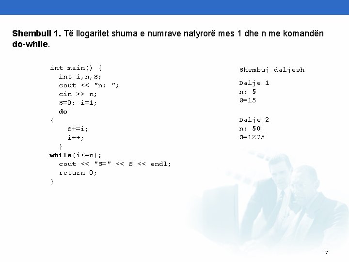 Shembull 1. Të llogaritet shuma e numrave natyrorë mes 1 dhe n me komandën