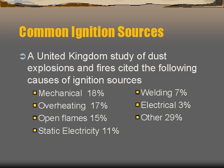 Common Ignition Sources ÜA United Kingdom study of dust explosions and fires cited the