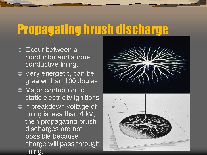 Propagating brush discharge Occur between a conductor and a nonconductive lining. Ü Very energetic,