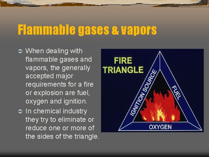 Flammable gases & vapors When dealing with flammable gases and vapors, the generally accepted