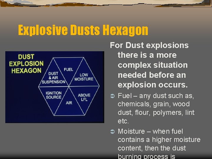 Explosive Dusts Hexagon For Dust explosions there is a more complex situation needed before