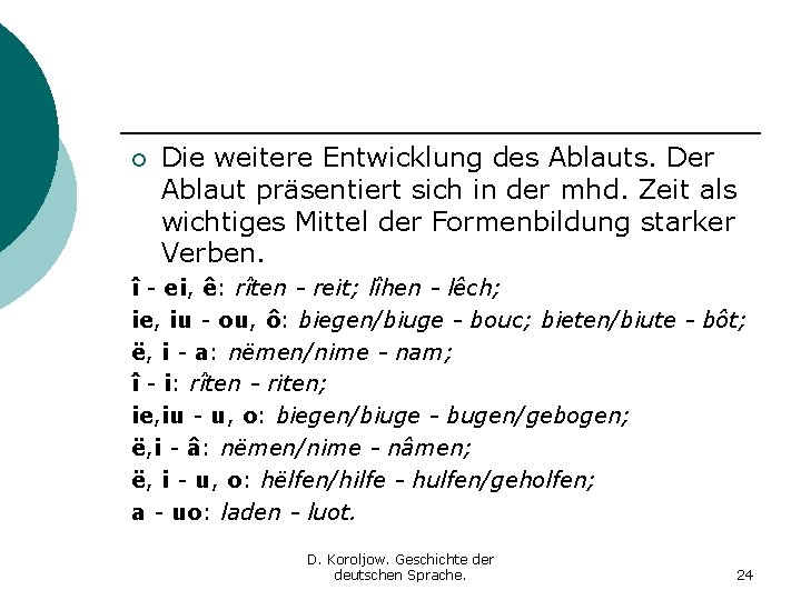 ¡ Die weitere Entwicklung des Ablauts. Der Ablaut präsentiert sich in der mhd. Zeit ¡ Die weitere Entwicklung des Ablauts. Der Ablaut präsentiert sich in der mhd. Zeit