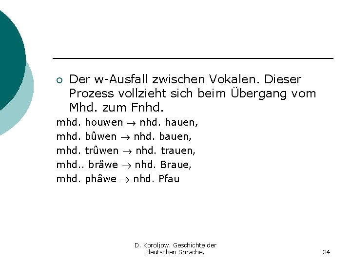 ¡ Der w-Ausfall zwischen Vokalen. Dieser Prozess vollzieht sich beim Übergang vom Mhd. zum