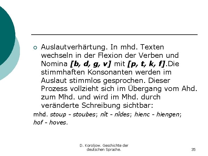 ¡ Auslautverhärtung. In mhd. Texten wechseln in der Flexion der Verben und Nomina [b,