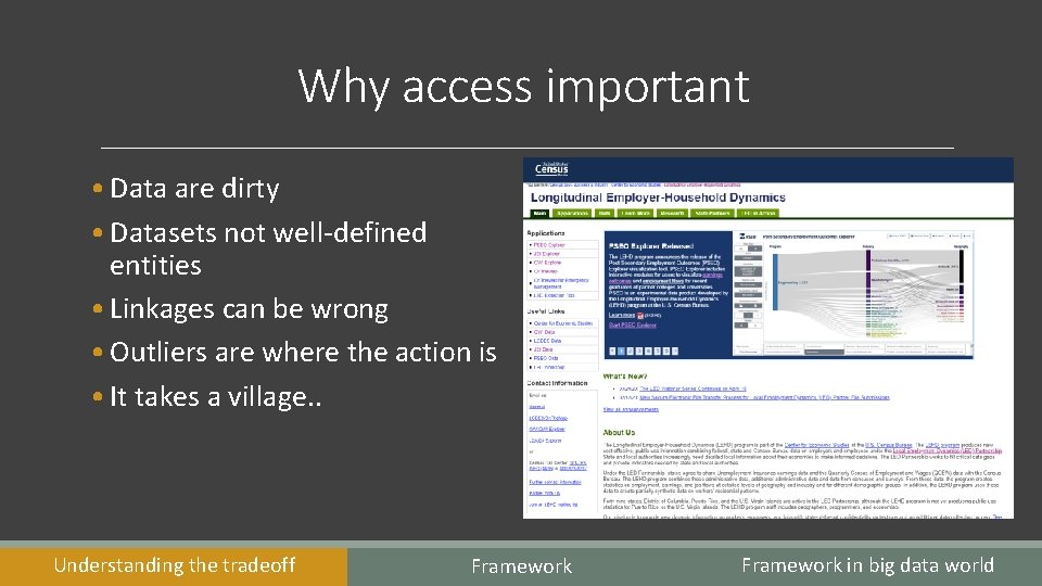 Why access important • Data are dirty • Datasets not well-defined entities • Linkages