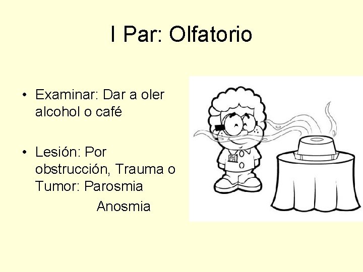 I Par: Olfatorio • Examinar: Dar a oler alcohol o café • Lesión: Por