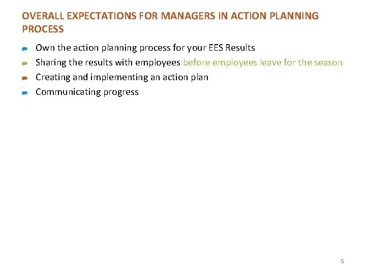OVERALL EXPECTATIONS FOR MANAGERS IN ACTION PLANNING PROCESS ) ) Own the action planning