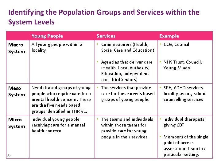 Identifying the Population Groups and Services within the System Levels Macro System Young People Identifying the Population Groups and Services within the System Levels Macro System Young People