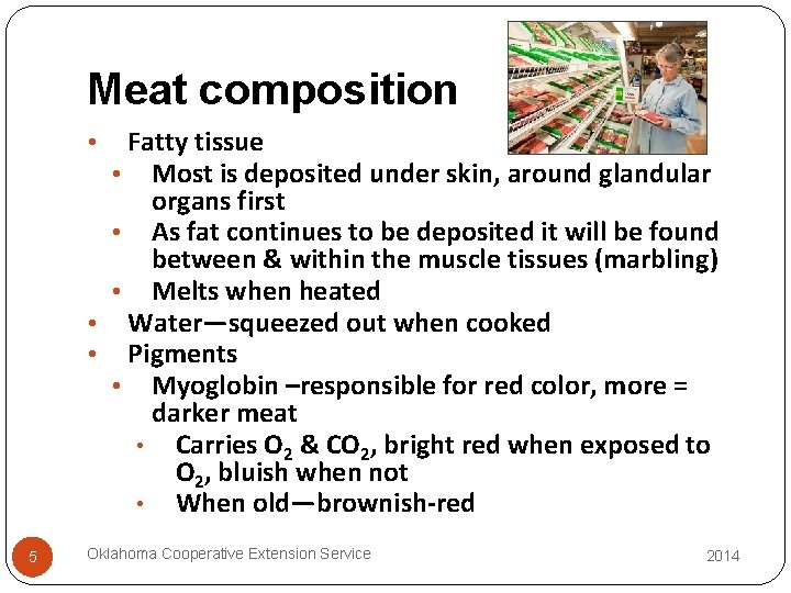 Meat composition Fatty tissue • Most is deposited under skin, around glandular organs first