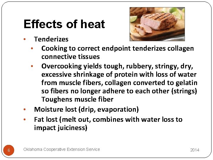 Effects of heat Tenderizes • Cooking to correct endpoint tenderizes collagen connective tissues •