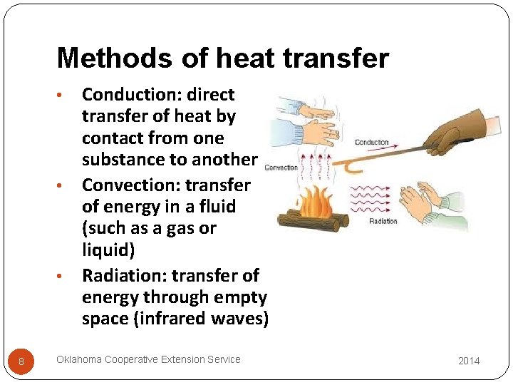Methods of heat transfer Conduction: direct transfer of heat by contact from one substance