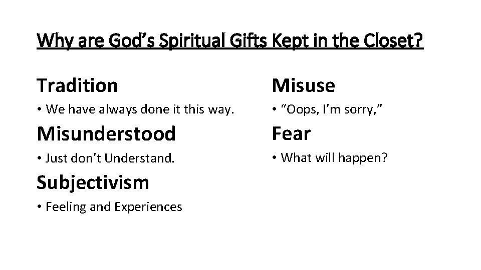 Why are God’s Spiritual Gifts Kept in the Closet? Tradition Misuse • We have
