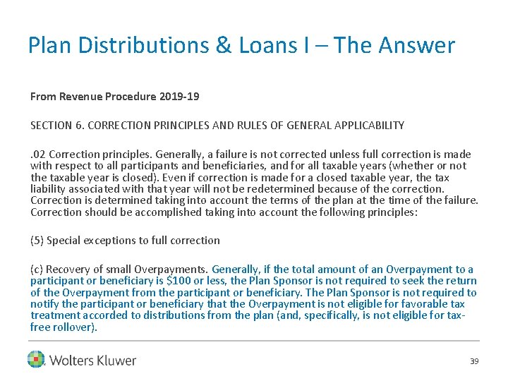 Plan Distributions & Loans I – The Answer From Revenue Procedure 2019 -19 SECTION