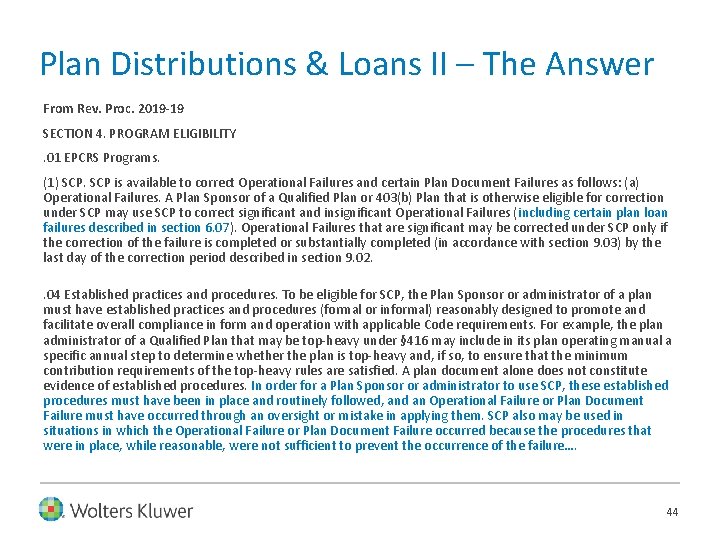 Plan Distributions & Loans II – The Answer From Rev. Proc. 2019 -19 SECTION