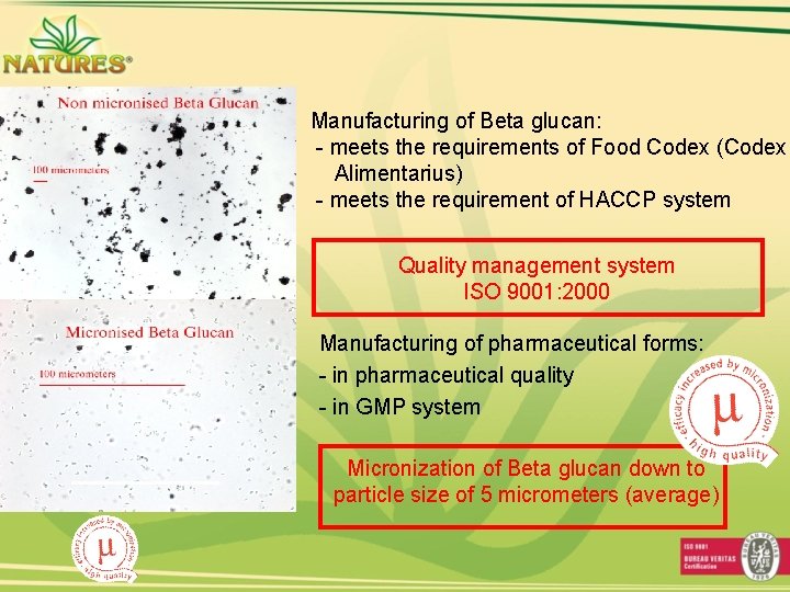 Manufacturing of Beta glucan: - meets the requirements of Food Codex (Codex Alimentarius) -