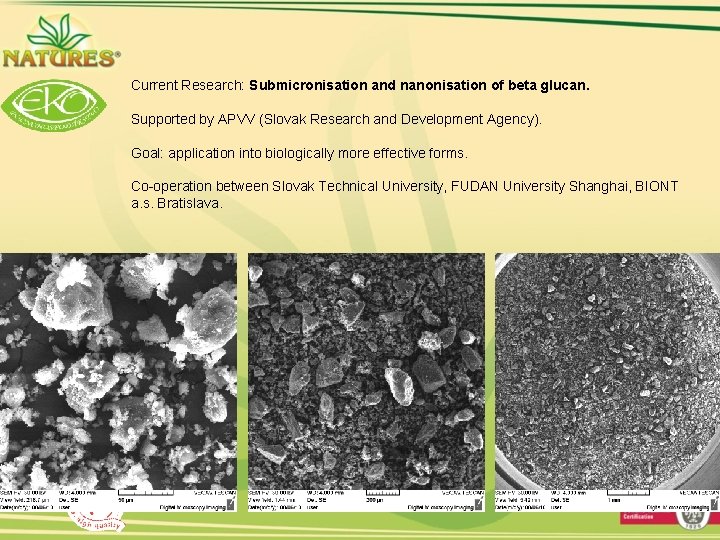 Current Research: Submicronisation and nanonisation of beta glucan. Supported by APVV (Slovak Research and