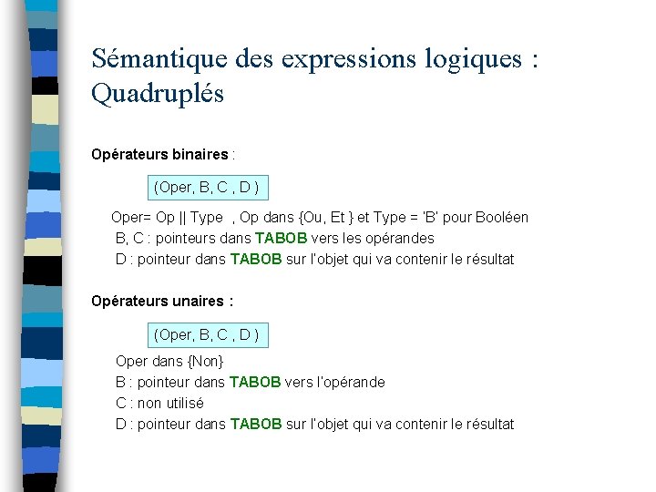 Sémantique des expressions logiques : Quadruplés Opérateurs binaires : (Oper, B, C , D