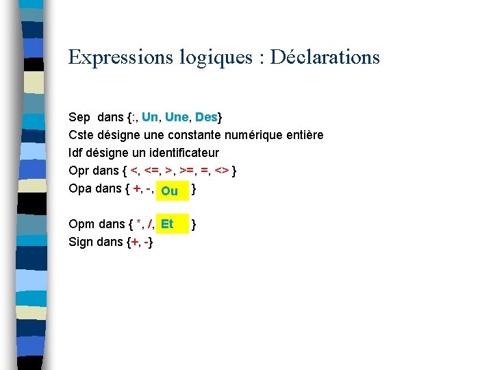 Expressions logiques : Déclarations Sep dans {: , Une, Des} Cste désigne une constante