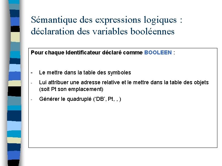 Sémantique des expressions logiques : déclaration des variables booléennes Pour chaque Identificateur déclaré comme
