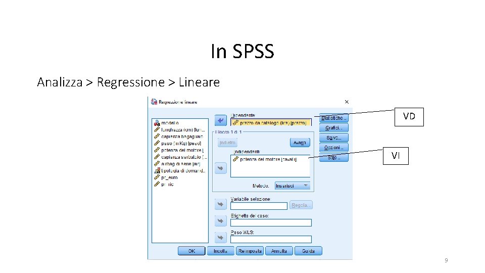 In SPSS Analizza > Regressione > Lineare VD VI 9 