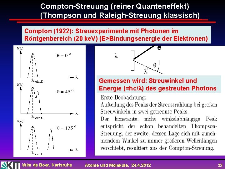 Compton-Streuung (reiner Quanteneffekt) (Thompson und Raleigh-Streuung klassisch) Compton (1922): Streuexperimente mit Photonen im Röntgenbereich Compton-Streuung (reiner Quanteneffekt) (Thompson und Raleigh-Streuung klassisch) Compton (1922): Streuexperimente mit Photonen im Röntgenbereich