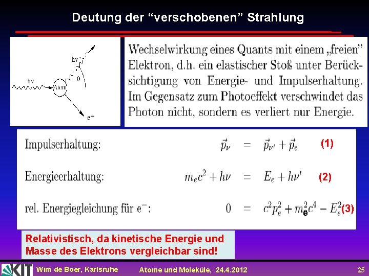 Deutung der “verschobenen” Strahlung (1) (2) e (3) Relativistisch, da kinetische Energie und Masse Deutung der “verschobenen” Strahlung (1) (2) e (3) Relativistisch, da kinetische Energie und Masse