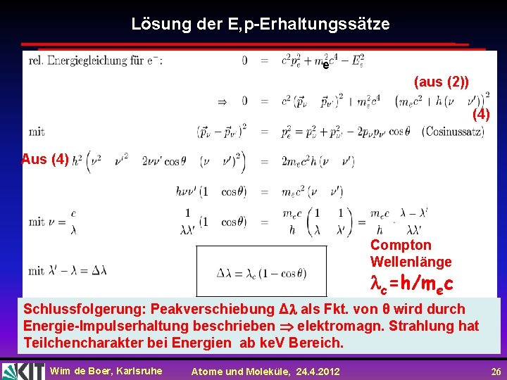 Lösung der E, p-Erhaltungssätze e (aus (2)) (4) Aus (4) Compton Wellenlänge c=h/mec Schlussfolgerung: Lösung der E, p-Erhaltungssätze e (aus (2)) (4) Aus (4) Compton Wellenlänge c=h/mec Schlussfolgerung: