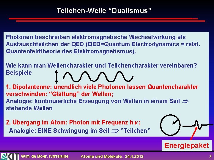 Teilchen-Welle “Dualismus” Photonen beschreiben elektromagnetische Wechselwirkung als Austauschteilchen der QED (QED=Quantum Electrodynamics = relat. Teilchen-Welle “Dualismus” Photonen beschreiben elektromagnetische Wechselwirkung als Austauschteilchen der QED (QED=Quantum Electrodynamics = relat.