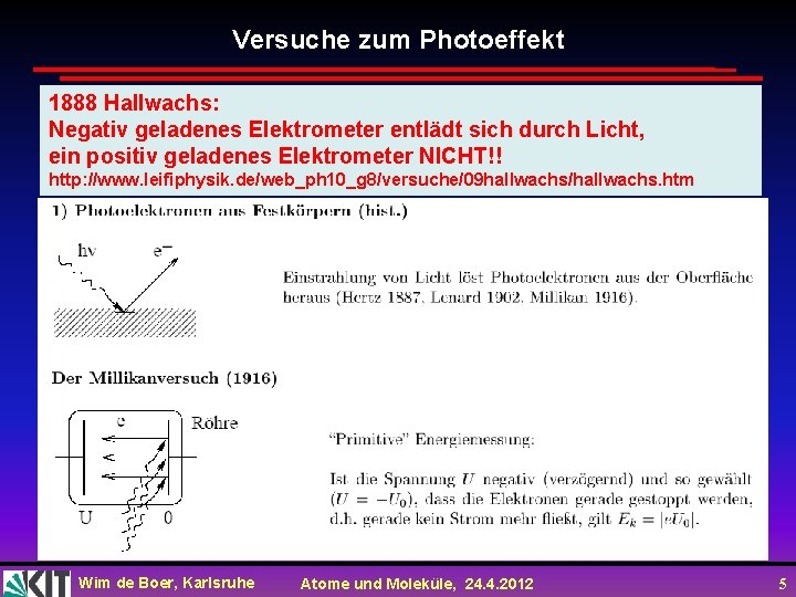 Versuche zum Photoeffekt 1888 Hallwachs: Negativ geladenes Elektrometer entlädt sich durch Licht, ein positiv Versuche zum Photoeffekt 1888 Hallwachs: Negativ geladenes Elektrometer entlädt sich durch Licht, ein positiv