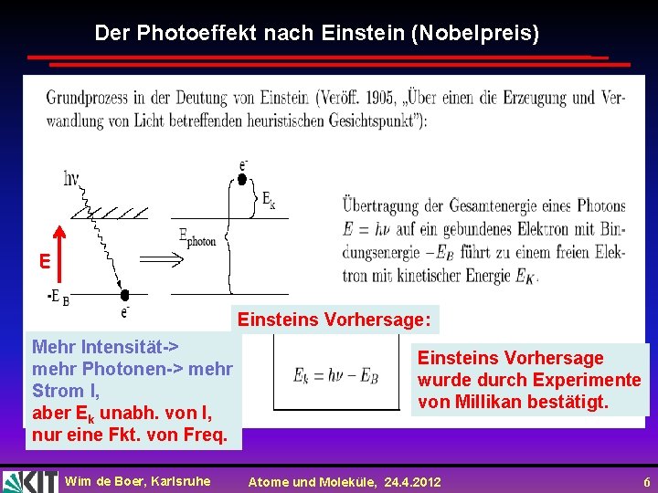 Der Photoeffekt nach Einstein (Nobelpreis) E Einsteins Vorhersage: Mehr Intensität-> mehr Photonen-> mehr Strom Der Photoeffekt nach Einstein (Nobelpreis) E Einsteins Vorhersage: Mehr Intensität-> mehr Photonen-> mehr Strom