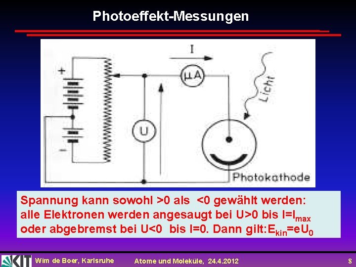 Photoeffekt-Messungen Spannung kann sowohl >0 als <0 gewählt werden: alle Elektronen werden angesaugt bei Photoeffekt-Messungen Spannung kann sowohl >0 als <0 gewählt werden: alle Elektronen werden angesaugt bei