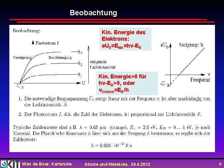 Beobachtung Kin. Energie des Elektrons: e. U 0=Ekin=hv-EB Kin. Energie>0 für hv-EB>0, oder v. Beobachtung Kin. Energie des Elektrons: e. U 0=Ekin=hv-EB Kin. Energie>0 für hv-EB>0, oder v.