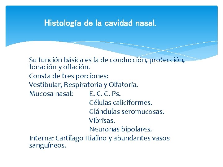 Histología de la cavidad nasal. Su función básica es la de conducción, protección, fonación