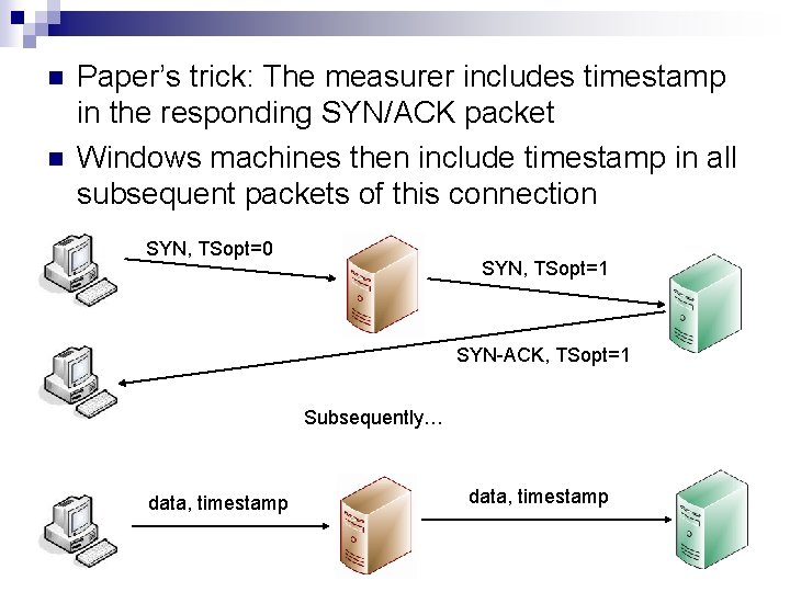 n n Paper’s trick: The measurer includes timestamp in the responding SYN/ACK packet Windows